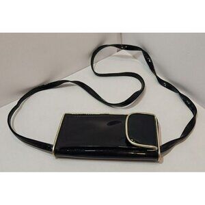 Vtg Milor Black Patent Clutch Purse W/Strap, Cell Phone Holder, Mirror, Lipstick